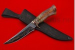 Нож Охотник (ламинированная дамасская сталь, литье из мельхиора, шишка в акриле, темлячный пин)